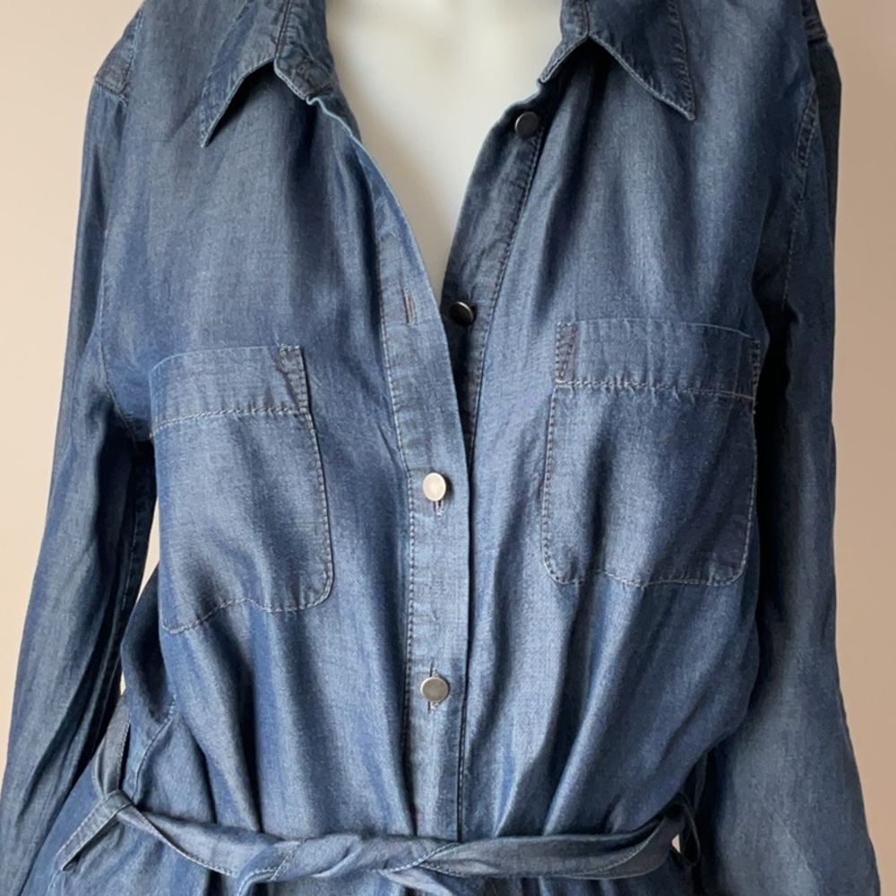 Button-Front Chambray Shirt Dress in Navy - Picture 3 of 10